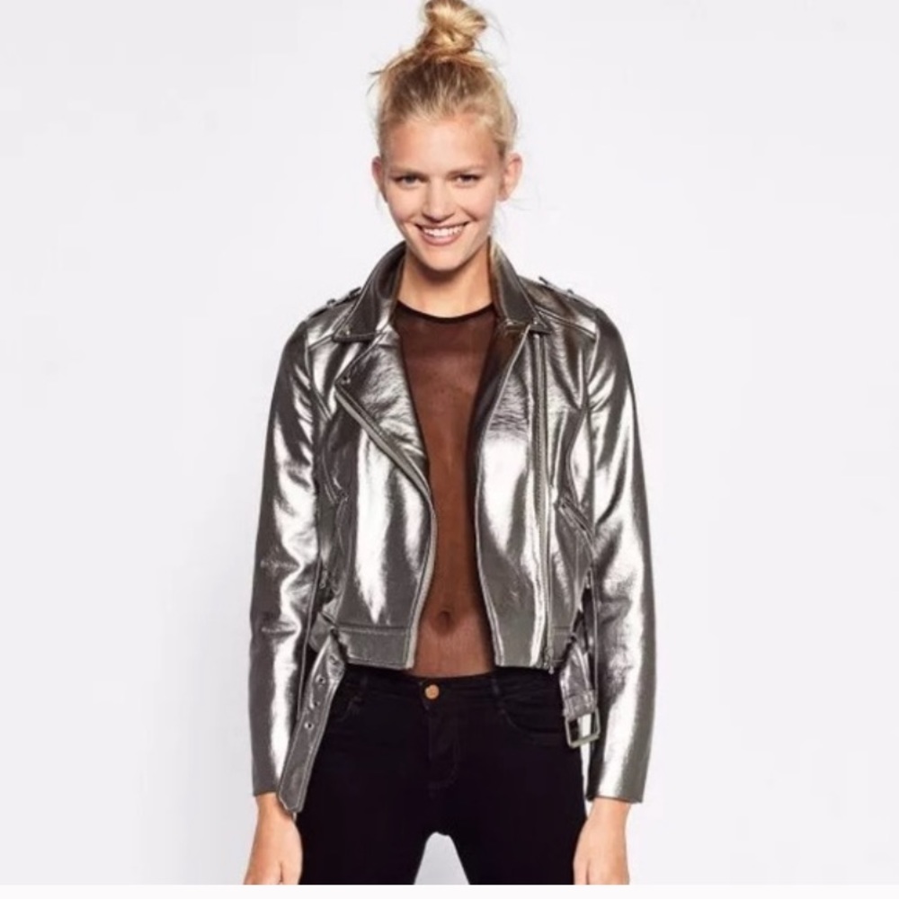 Zara Metallic Leather Biker Jacket Size. Medium